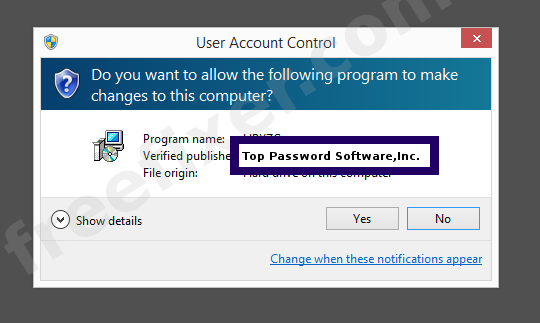 Screenshot where Top Password Software,Inc. appears as the verified publisher in the UAC dialog